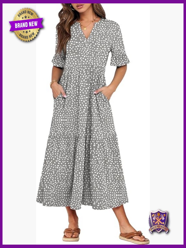 Ruffle Short Sleeve Maxi Dress V-Neck Tiered Pockets Flowy Summer